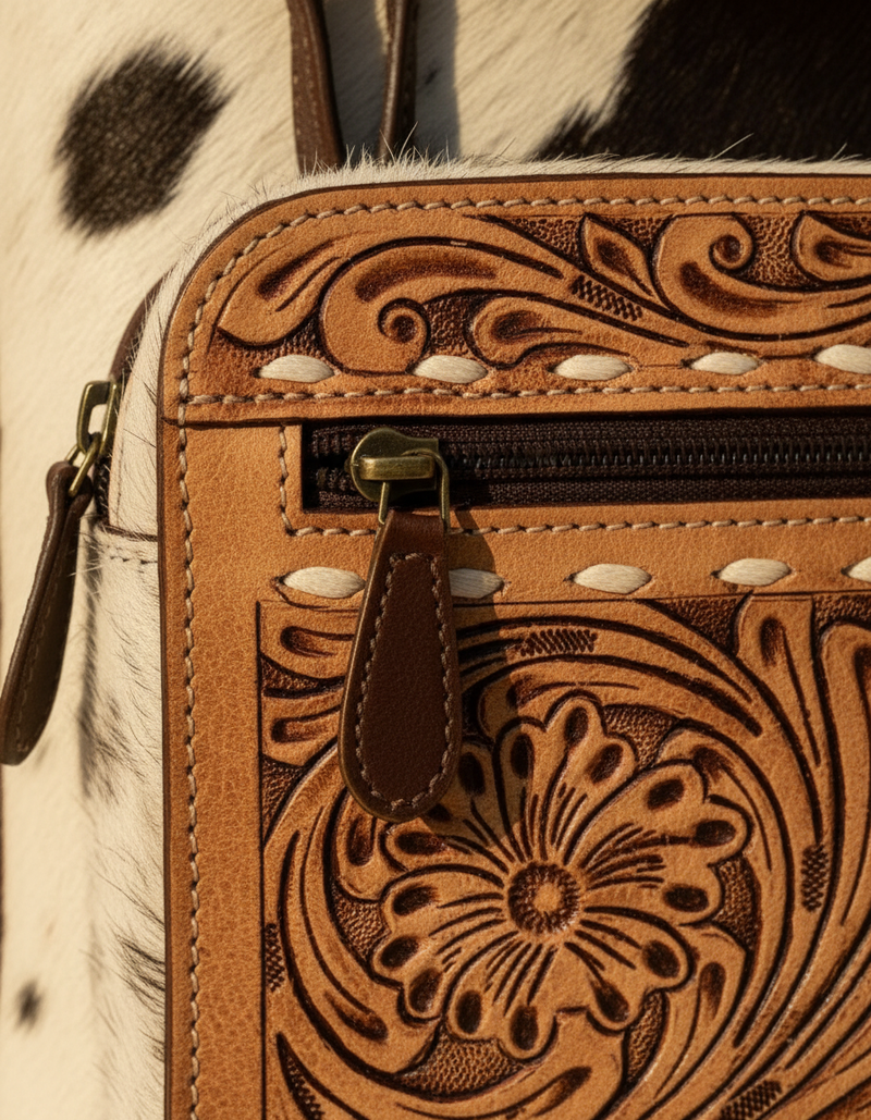 Brown and White Hair-On Leather Backpack – Tan Tooled Flap