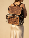 Brown and White Hair-On Leather Backpack – Tan Tooled Flap