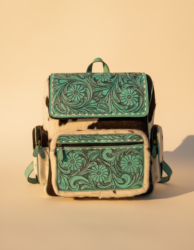 Black and White Hair-On Leather Backpack – Turquoise Tooled Flap