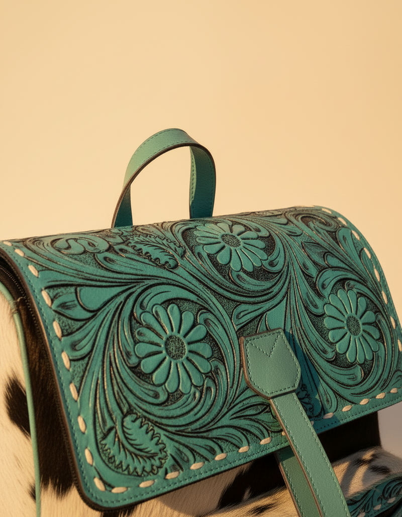 Black and White Hair-On Leather Backpack – Turquoise Tooled Flap