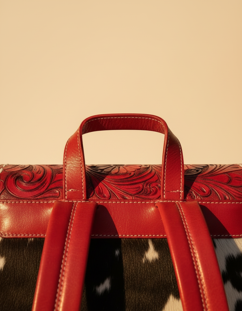 Red Tooled Leather Backpack – Black and White Hair-On Body