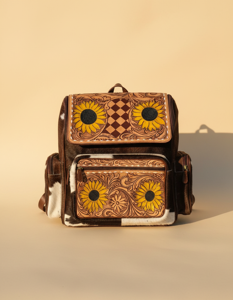 Brown and White Hair-On Leather Backpack – Painted Sunflowers