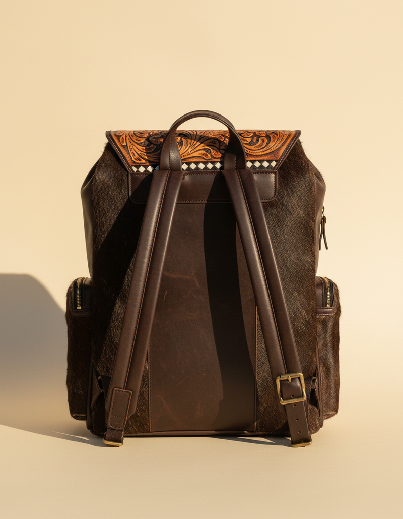 Brown and White Hair-On Leather Backpack – Painted Sunflowers