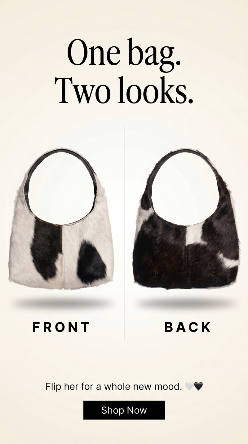 Reversible hair-on hide tote bag in tan and black cowhide by Ya Qalbi