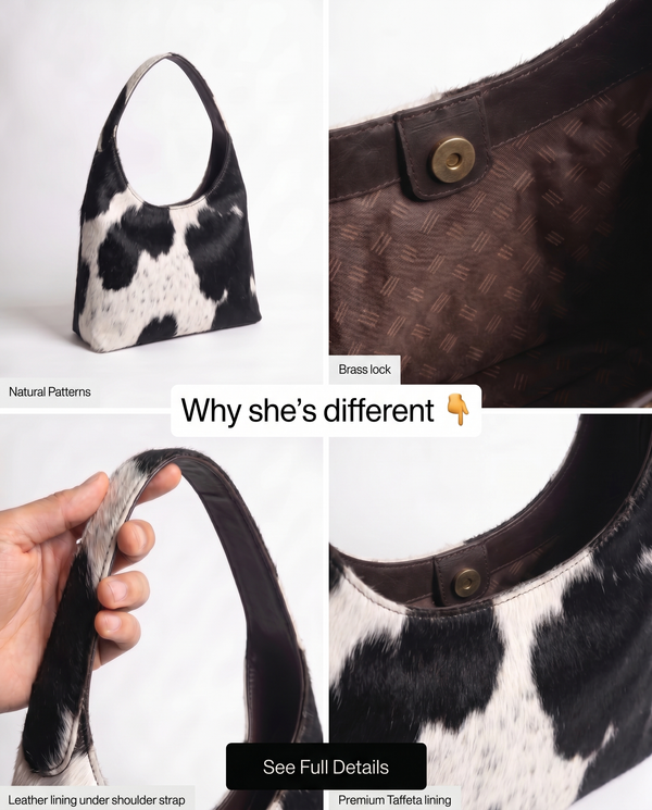 Genuine cowhide hair-on leather tote interior with reversible design by Ya Qalbi