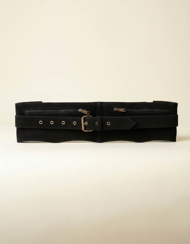 Festival utility belt in black leather with adjustable fit by Ya Qalbi