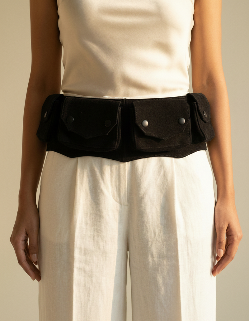 Black leather utility hip belt artisan craftsmanship by Ya Qalbi