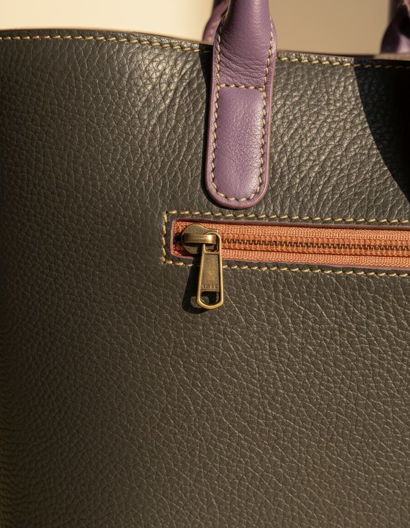 Vibrant colorful leather tote pet pocket detail by Ya Qalbi
