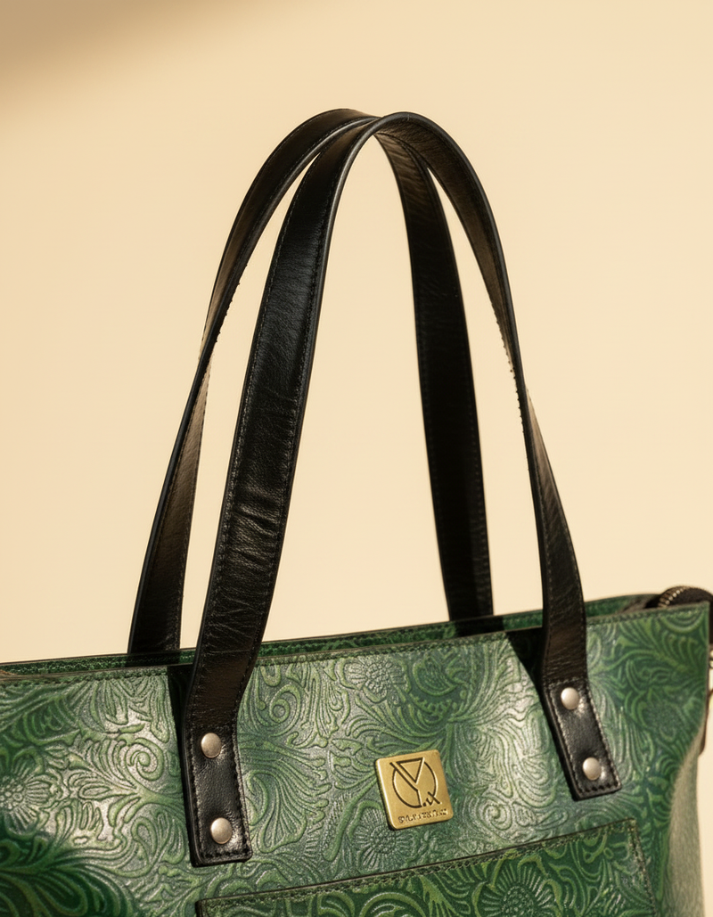 Black leather office tote interior view by Ya Qalbi