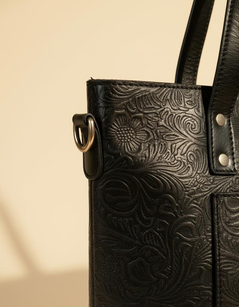 Premium leather office tote side angle by Ya Qalbi