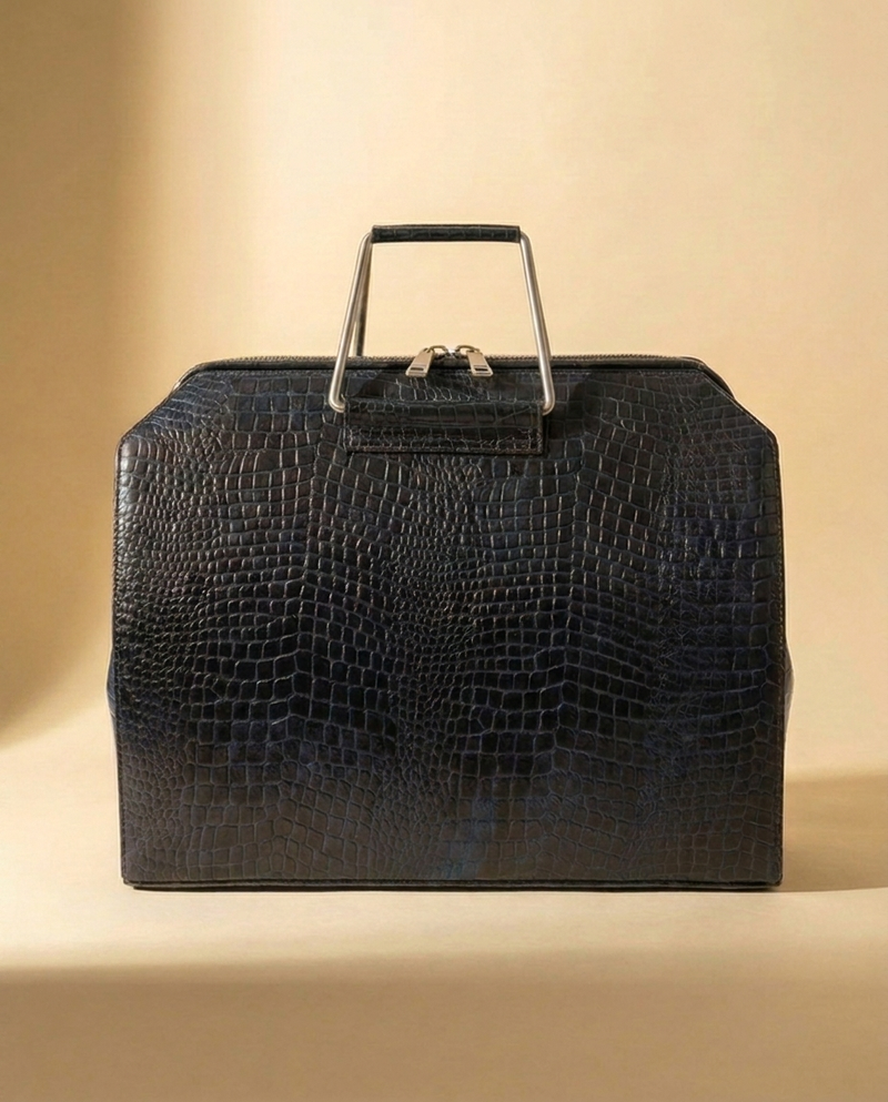 Croc-textured leather messenger bag for professionals by Ya Qalbi