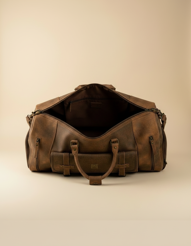 Premium leather travel duffle hand-stitched panels by Ya Qalbi