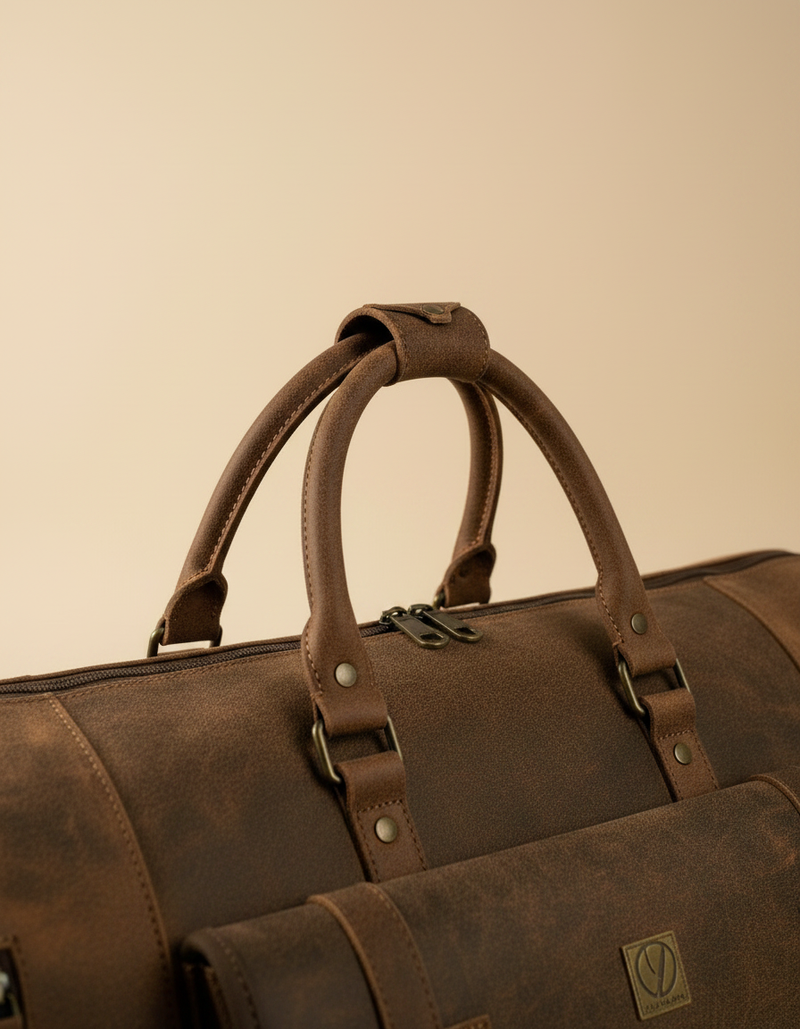 Brown leather travel bag with trolley sleeve by Ya Qalbi