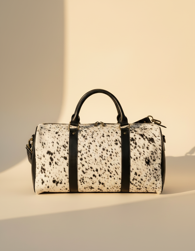 Ya Qalbi Genuine Hairon Leather Duffle Bag – Large Black & White Hair-on-Hide Weekender with Adjustable Strap