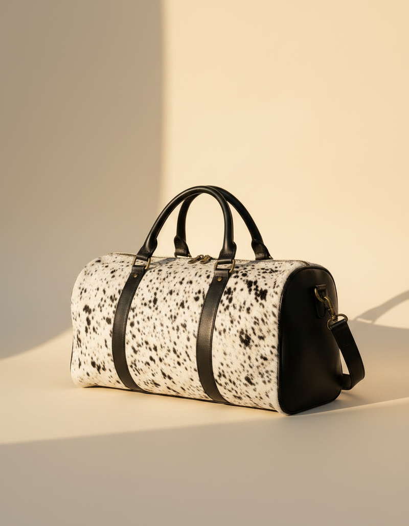 Ya Qalbi Genuine Hairon Leather Duffle Bag – Large Black & White Hair-on-Hide Weekender with Adjustable Strap