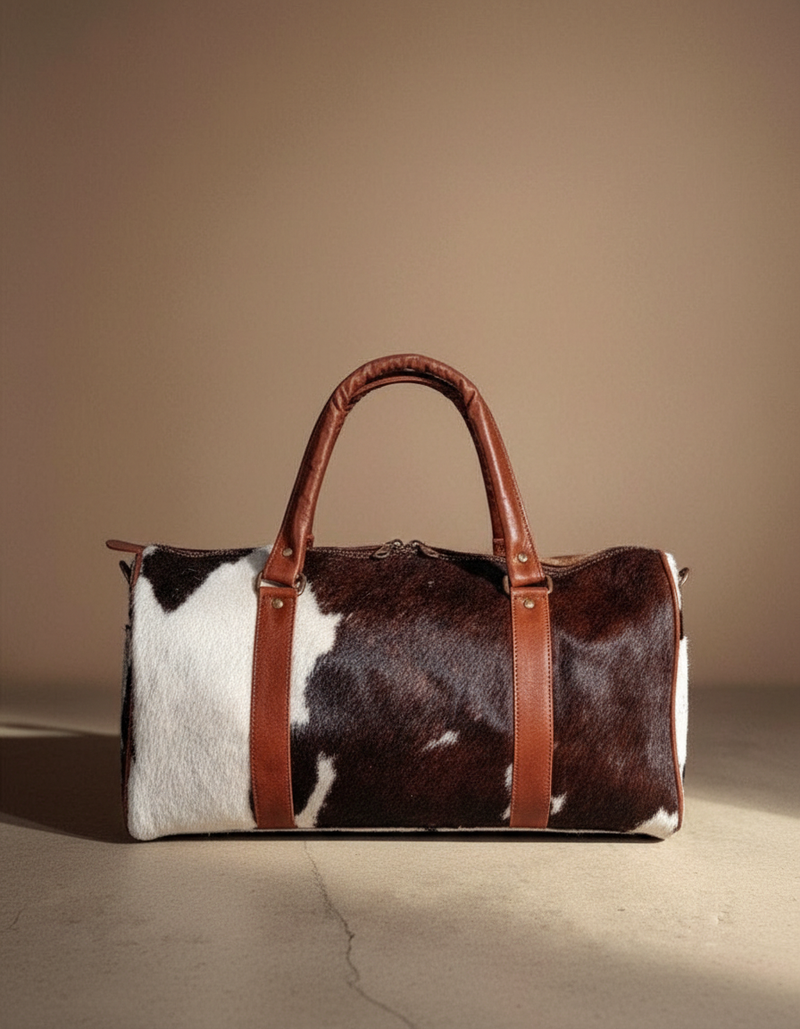 Espresso and White Hair-On Duffle – Cognac Leather Trim