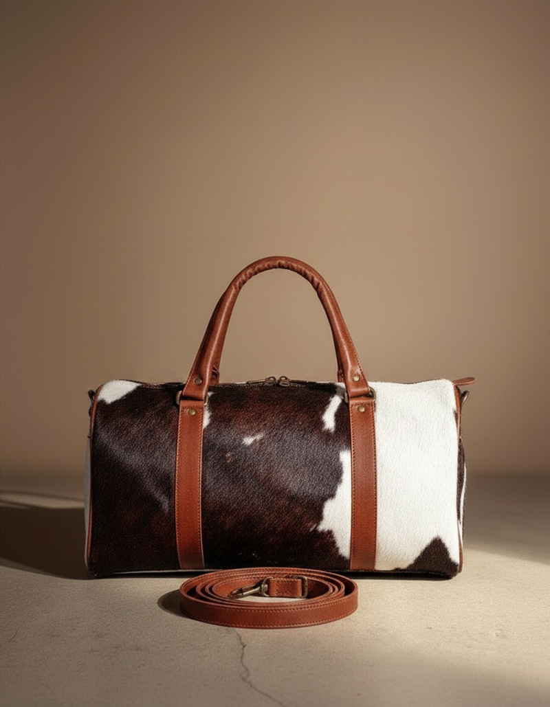 Espresso and White Hair-On Duffle – Cognac Leather Trim