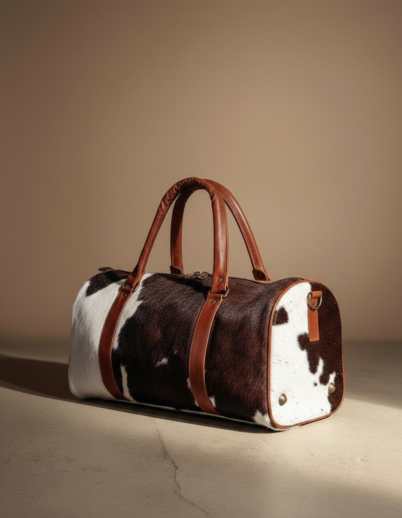 Espresso and White Hair-On Duffle – Cognac Leather Trim