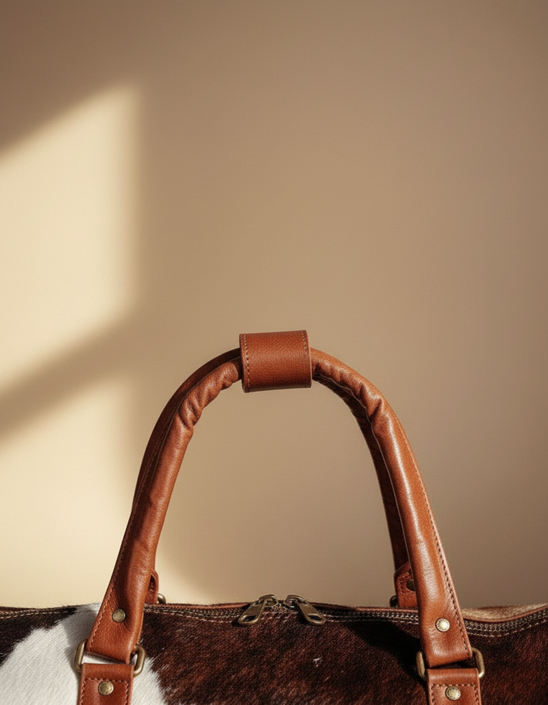 Espresso and White Hair-On Duffle – Cognac Leather Trim