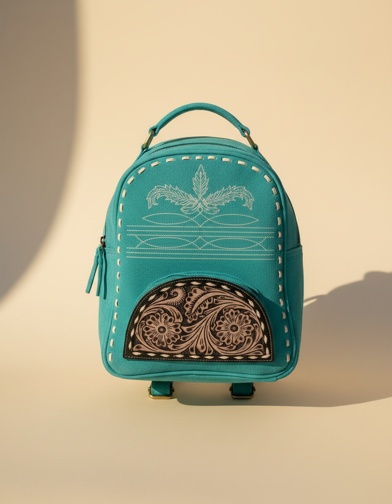 Turquoise Suede Dome Backpack – Half-Moon Tooled Leather Pocket