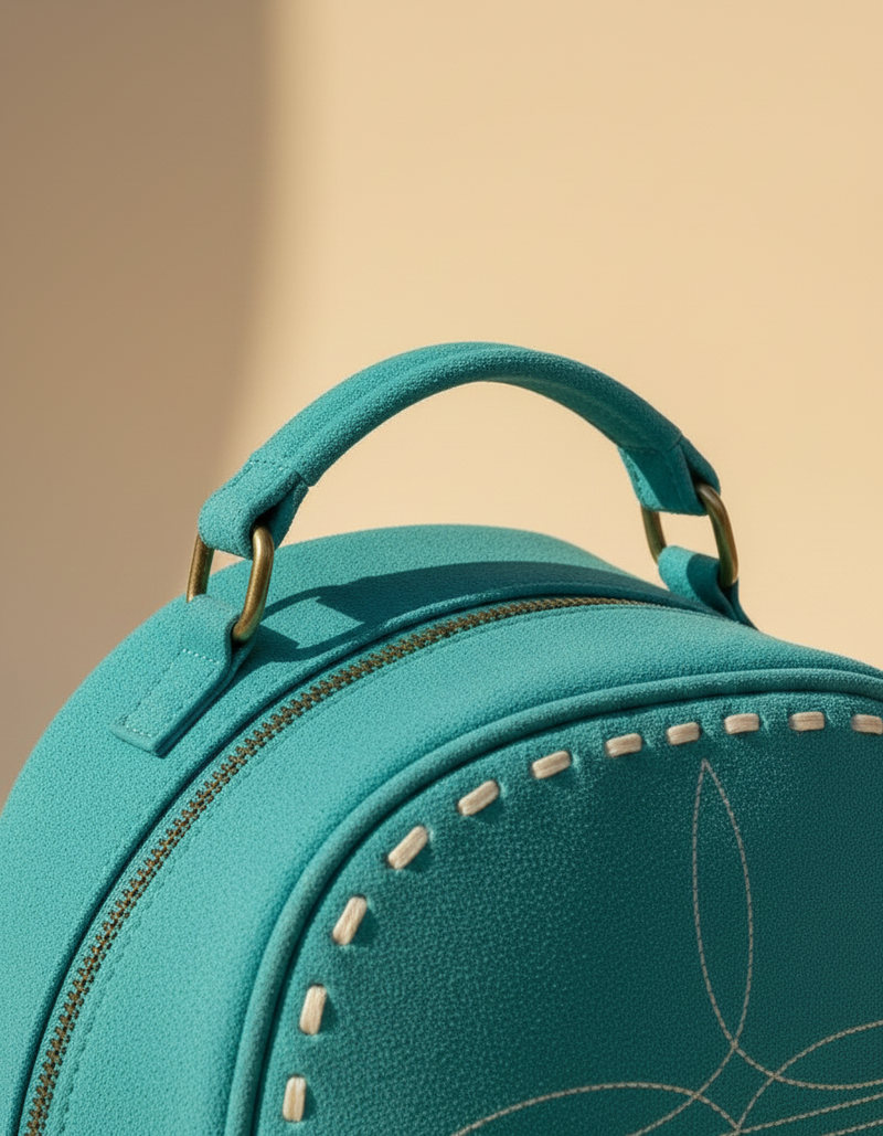 Turquoise Suede Dome Backpack – Half-Moon Tooled Leather Pocket