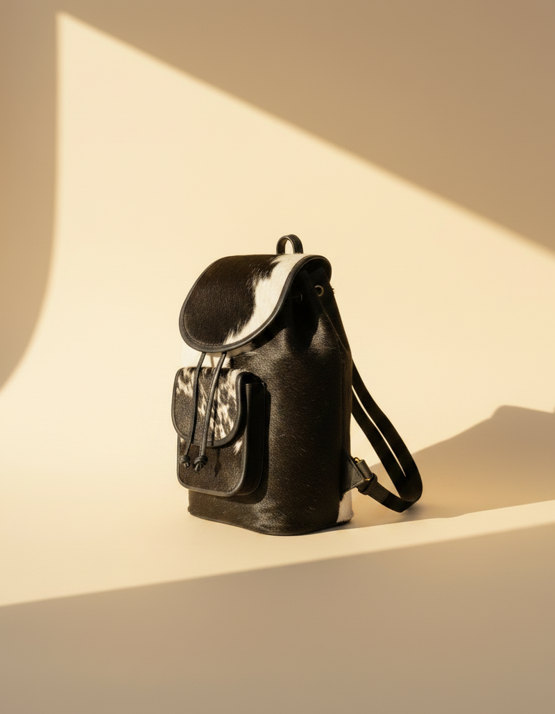 Black and White Hair-On Leather Backpack – Drawstring Flap Top