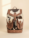 Brown and White Hair-On Leather Rucksack – Hand-Tooled Buckle Flap