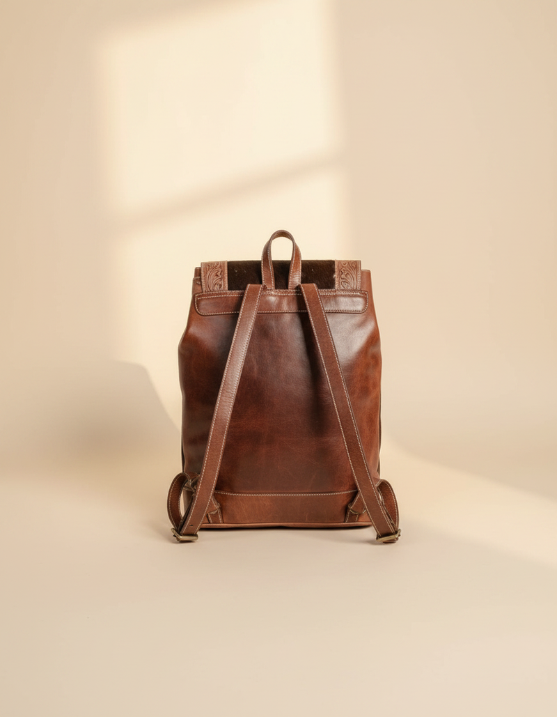 Brown and White Hair-On Leather Rucksack – Hand-Tooled Buckle Flap