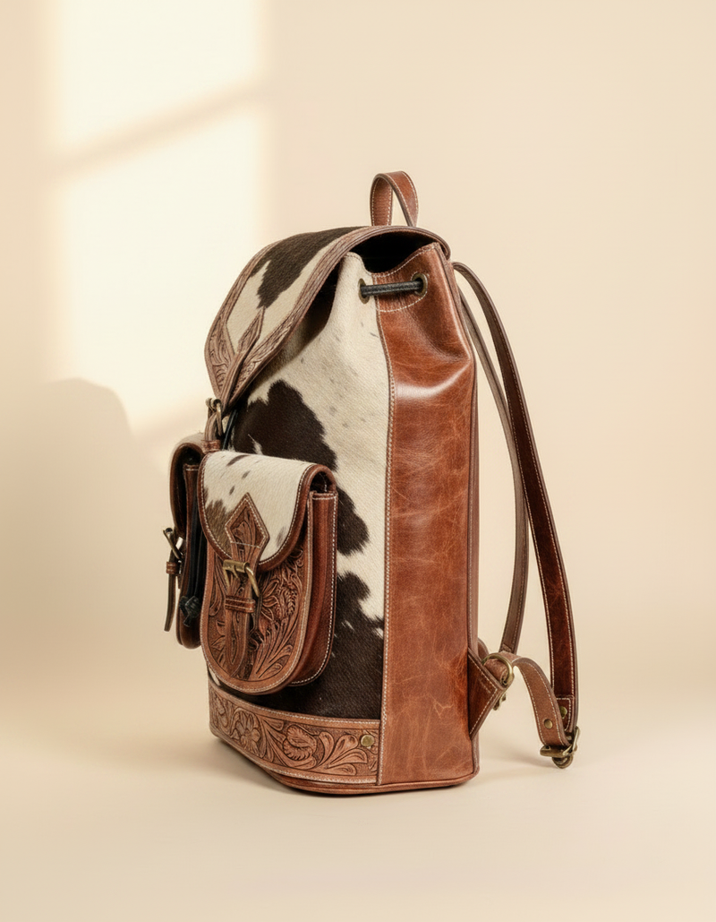Brown and White Hair-On Leather Rucksack – Hand-Tooled Buckle Flap