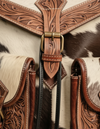 Brown and White Hair-On Leather Rucksack – Hand-Tooled Buckle Flap