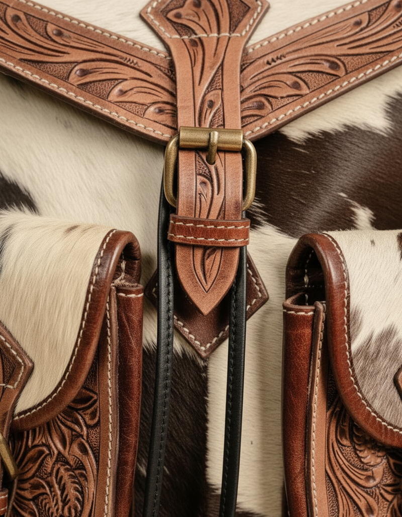 Brown and White Hair-On Leather Rucksack – Hand-Tooled Buckle Flap