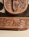 Brown and White Hair-On Leather Rucksack – Hand-Tooled Buckle Flap