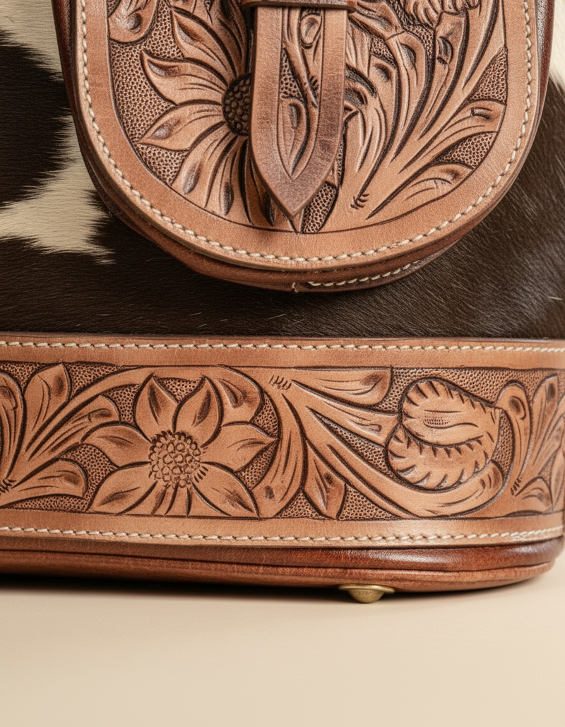 Brown and White Hair-On Leather Rucksack – Hand-Tooled Buckle Flap