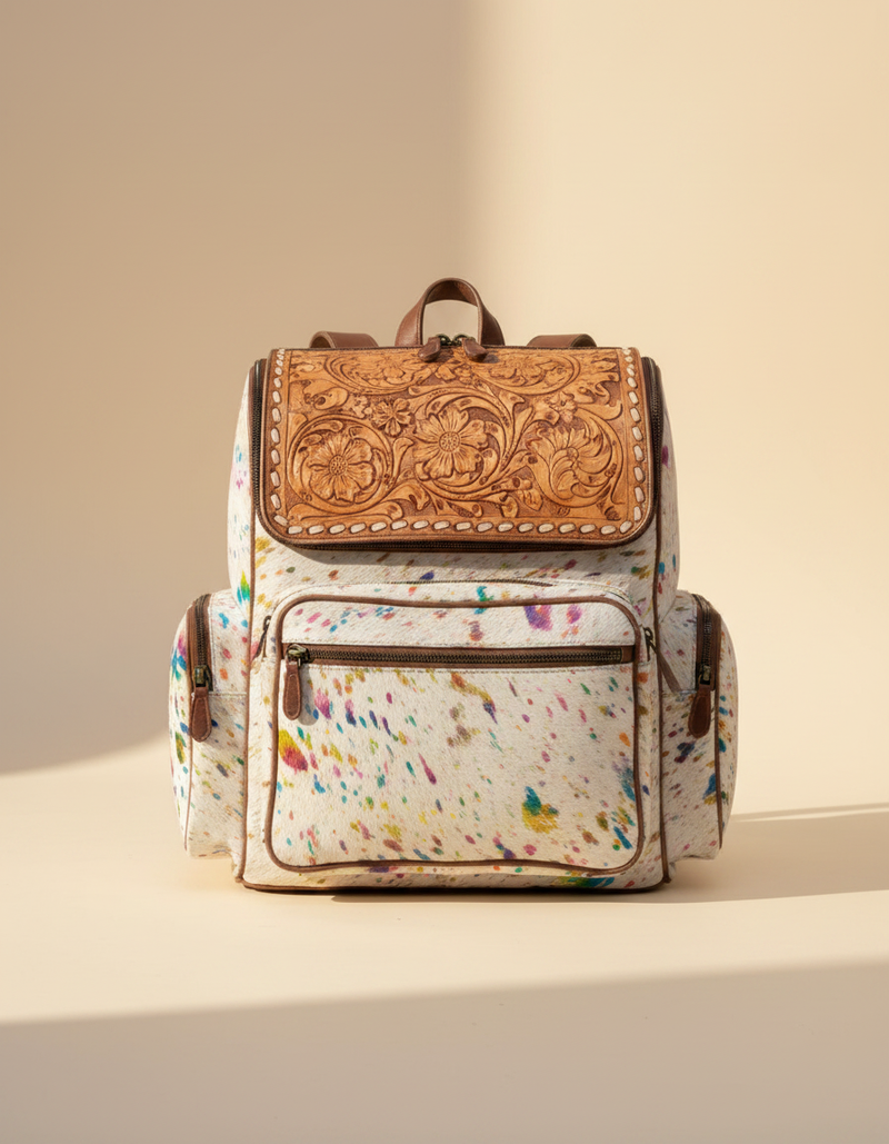 Rainbow Speckled Hair-On Leather Backpack – Buckstitch Tooled Top