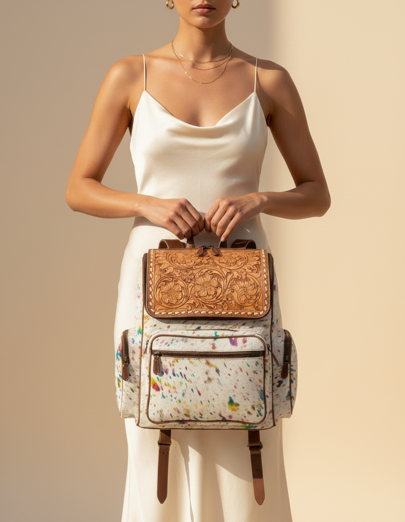 Rainbow Speckled Hair-On Leather Backpack – Buckstitch Tooled Top