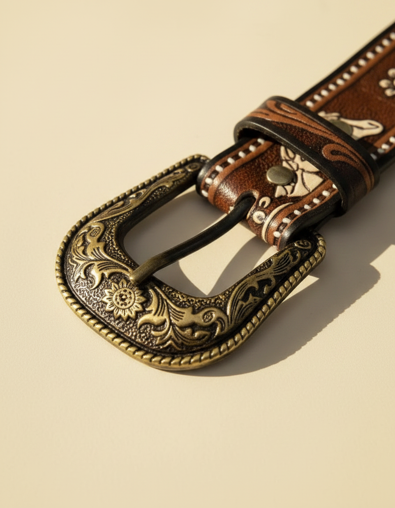 Handmade equestrian cowboy belt with antique western buckle