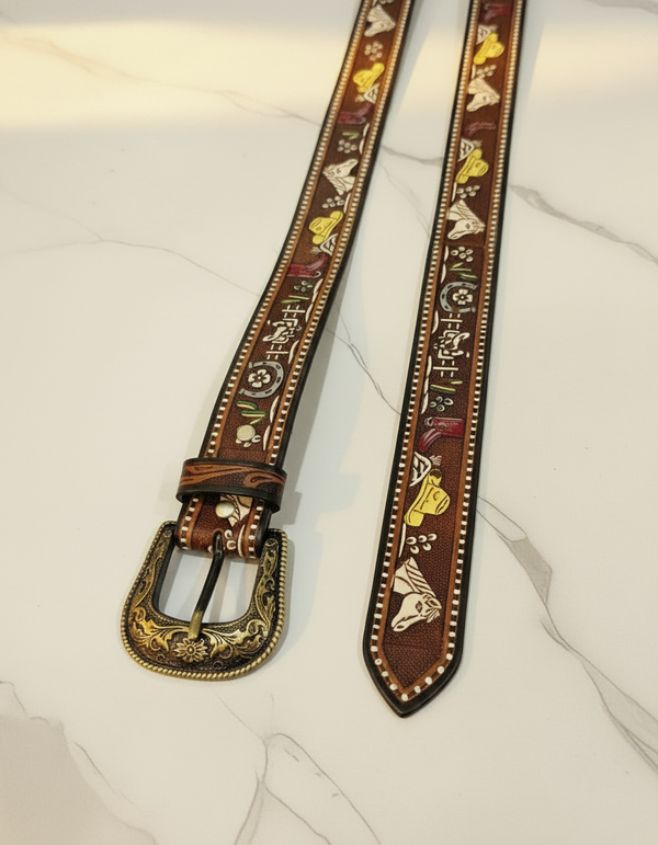 Horse & Horseshoe Hand Tooled Western Leather Belt | Ya Qalbi