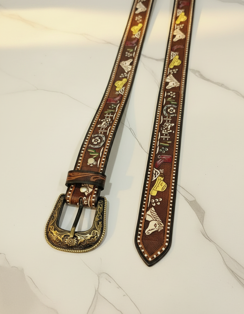Horse & Horseshoe Hand Tooled Western Leather Belt | Ya Qalbi