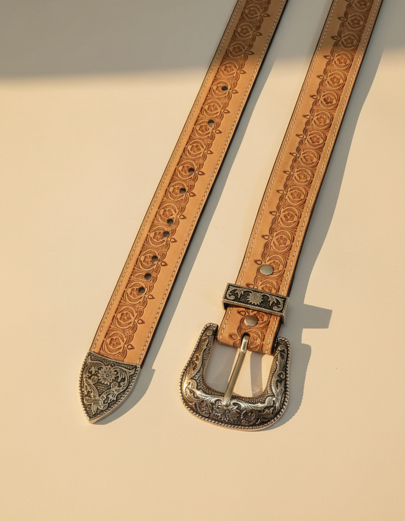 Natural Tan Hand Tooled Western Leather Belt | Ya Qalbi