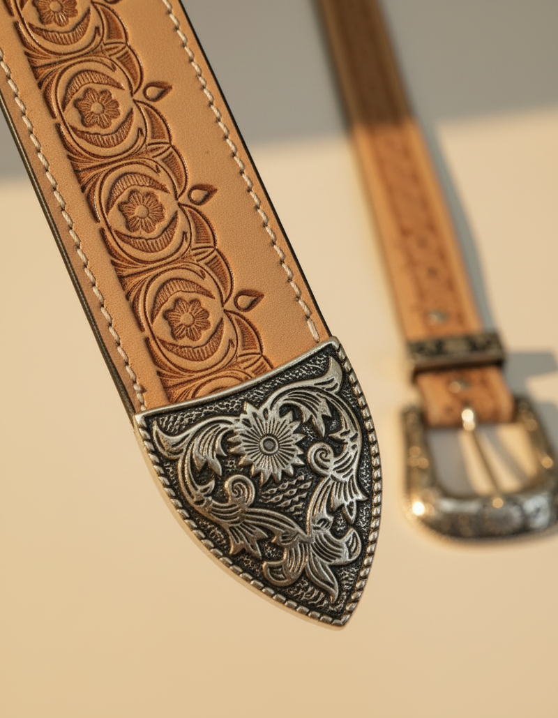 Natural Tan Hand Tooled Western Leather Belt | Ya Qalbi