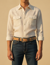 Full grain natural tan leather belt with rosette carving and silver western buckle set