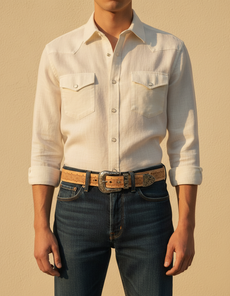 Full grain natural tan leather belt with rosette carving and silver western buckle set