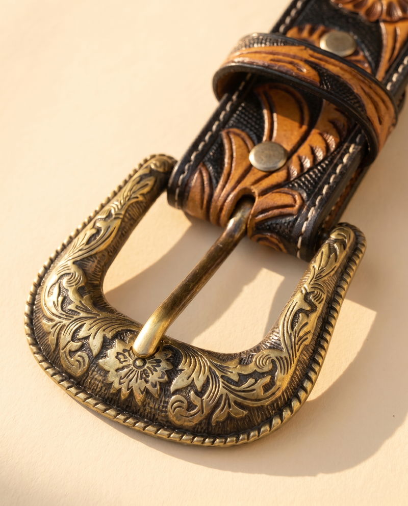Handmade mens cowboy belt with hand carved sunflower and acanthus scrollwork