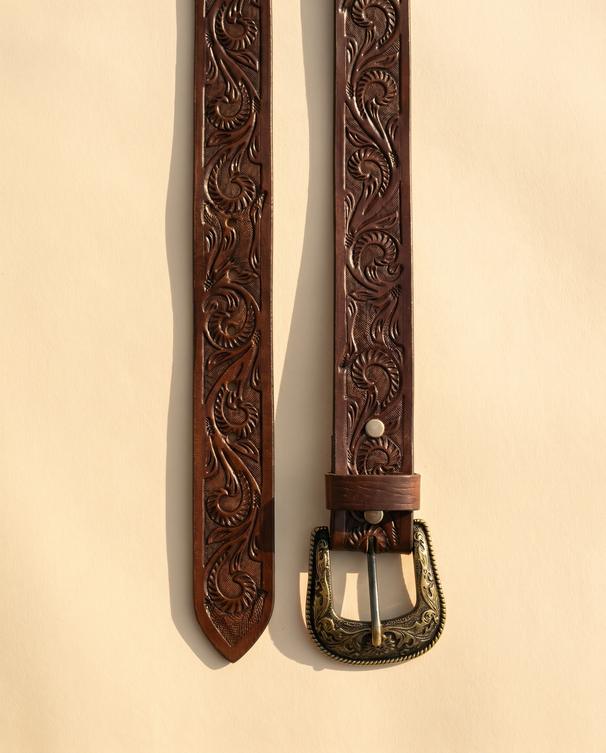 Brown scroll hand-tooled western leather belt