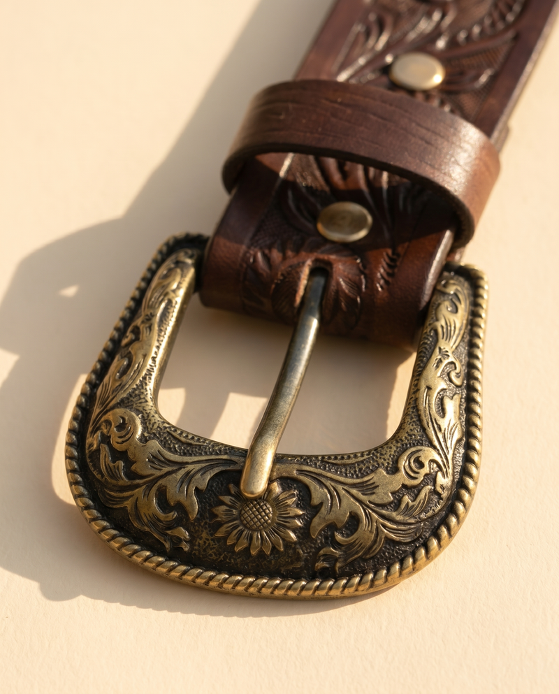 Handmade cowboy western belt with hand carved acanthus scrollwork