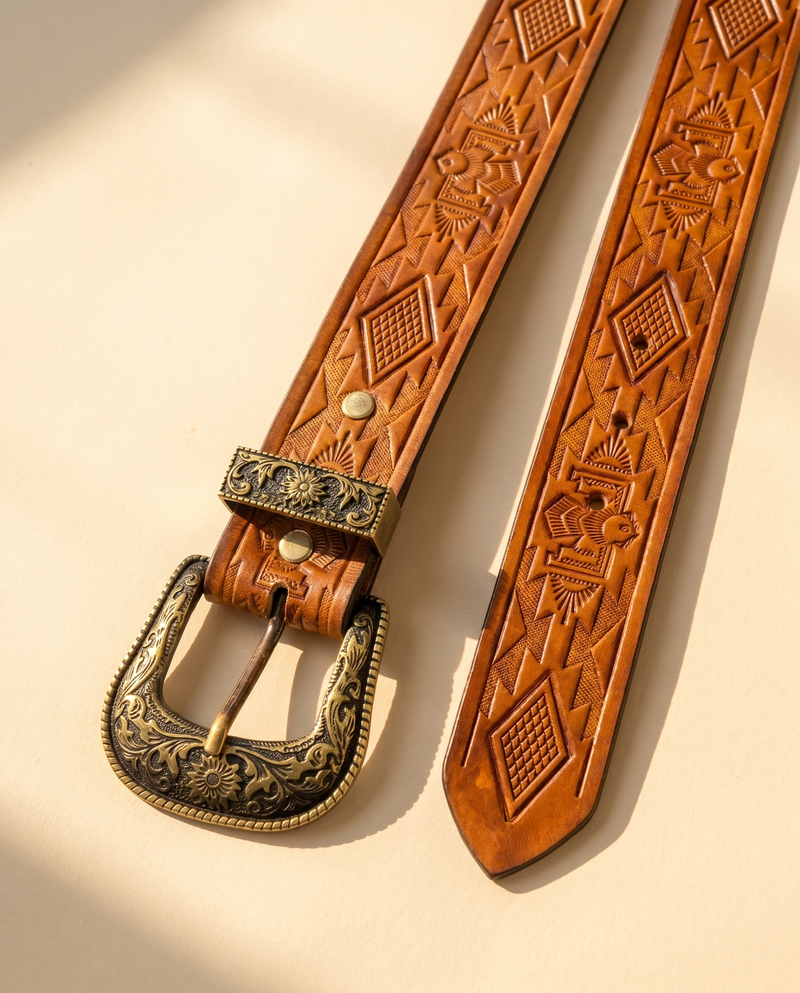 Aztec Hand Tooled Western Leather Belt | Ya Qalbi