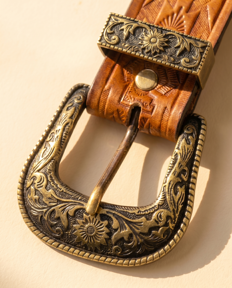 Handmade cowboy belt with diamond, sunburst, and tribal motifs
