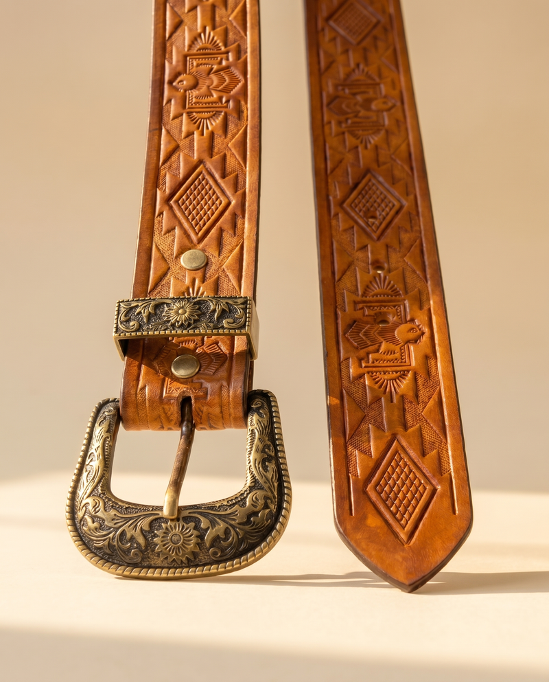 Aztec Hand Tooled Western Leather Belt | Ya Qalbi