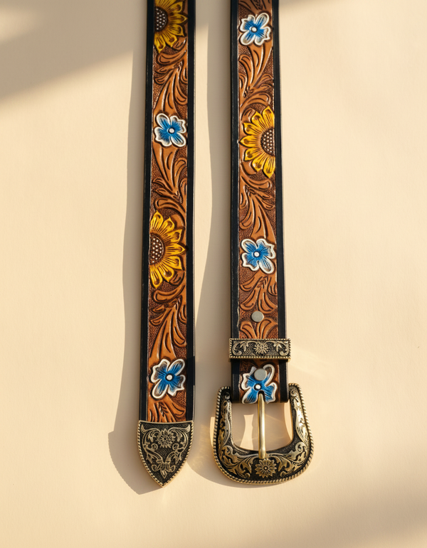Sunflower Hand Tooled Western Leather Belt | Ya Qalbi