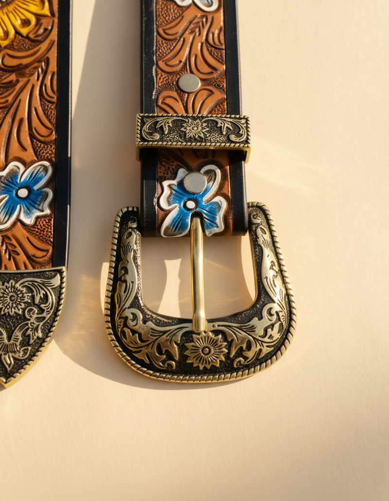 Handmade cowgirl western belt with sunflower and blue forget-me-not painting